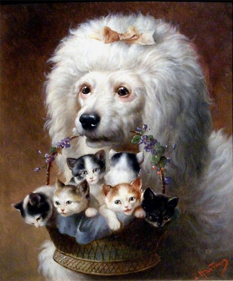 Reichert festmény; uszkár szájában kosár, tele cicákkal